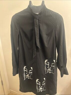 Black Long Sleeve Tie-Neck Dress with Abstract Face Print